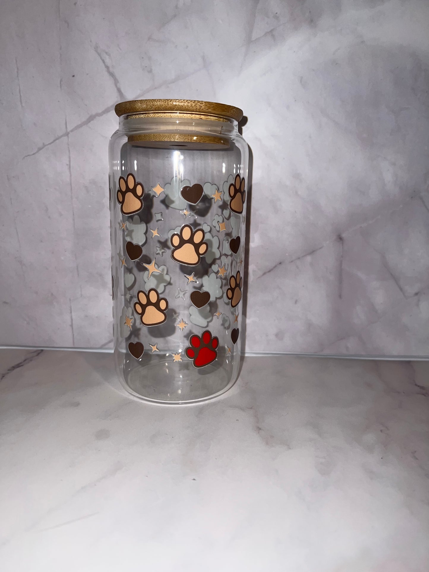 š¾ Dog Mom 16oz Glass Tumbler | Cute Paw Print Iced Coffee Cup with Bamboo Lid