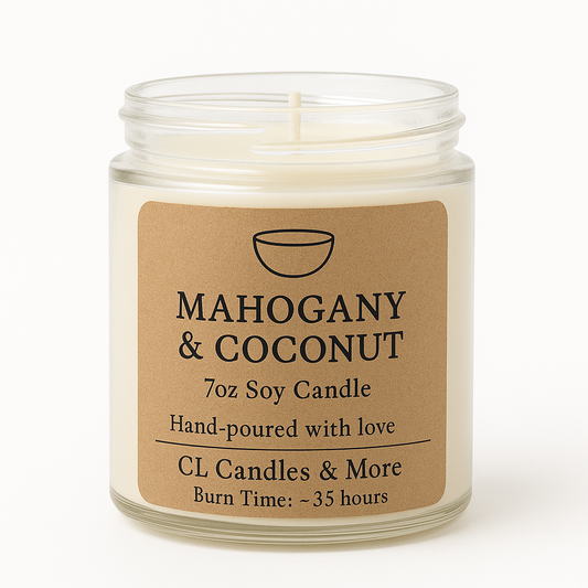 7oz Mahogany & Coconut Soy Candle – Hand Poured, Rustic Farmhouse Style