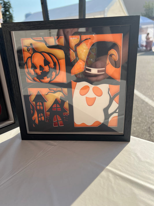 Halloween 8x8 Shadow Box – Pumpkin, Ghost, Witch Hat & Haunted House Décor