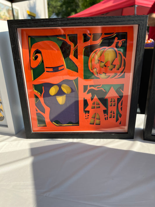 Halloween 8x8 Shadow Box – Witch Hat, Ghost, Pumpkin & Haunted House