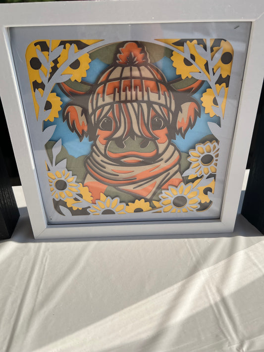 8x8 Farmhouse Cow Shadow Box – Cozy Hat & Sunflowers