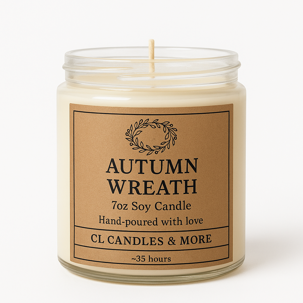 7oz Autumn Wreath Soy Candle – Hand Poured, Cozy Fall Farmhouse
