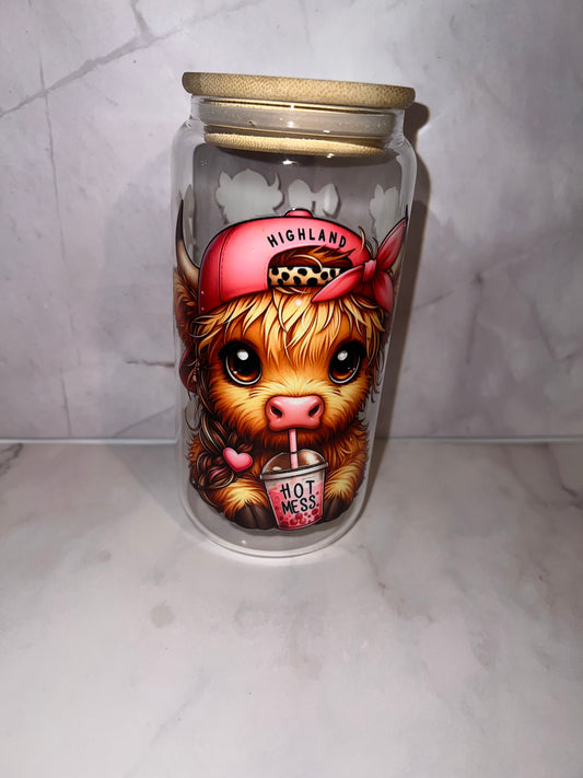 🐮 Hot Mess Highland Cow – 16 oz Glass Tumbler