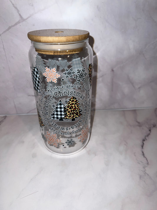 🎄 Christmas Trees 16 oz Glass Tumbler – Buffalo Plaid & Leopard Edition