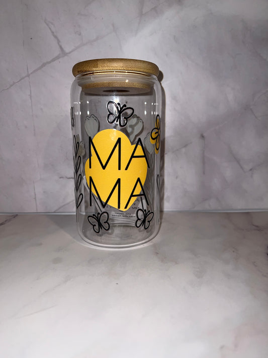 🌼 MAMA – 16 oz Glass Tumbler (Butterflies & Floral)