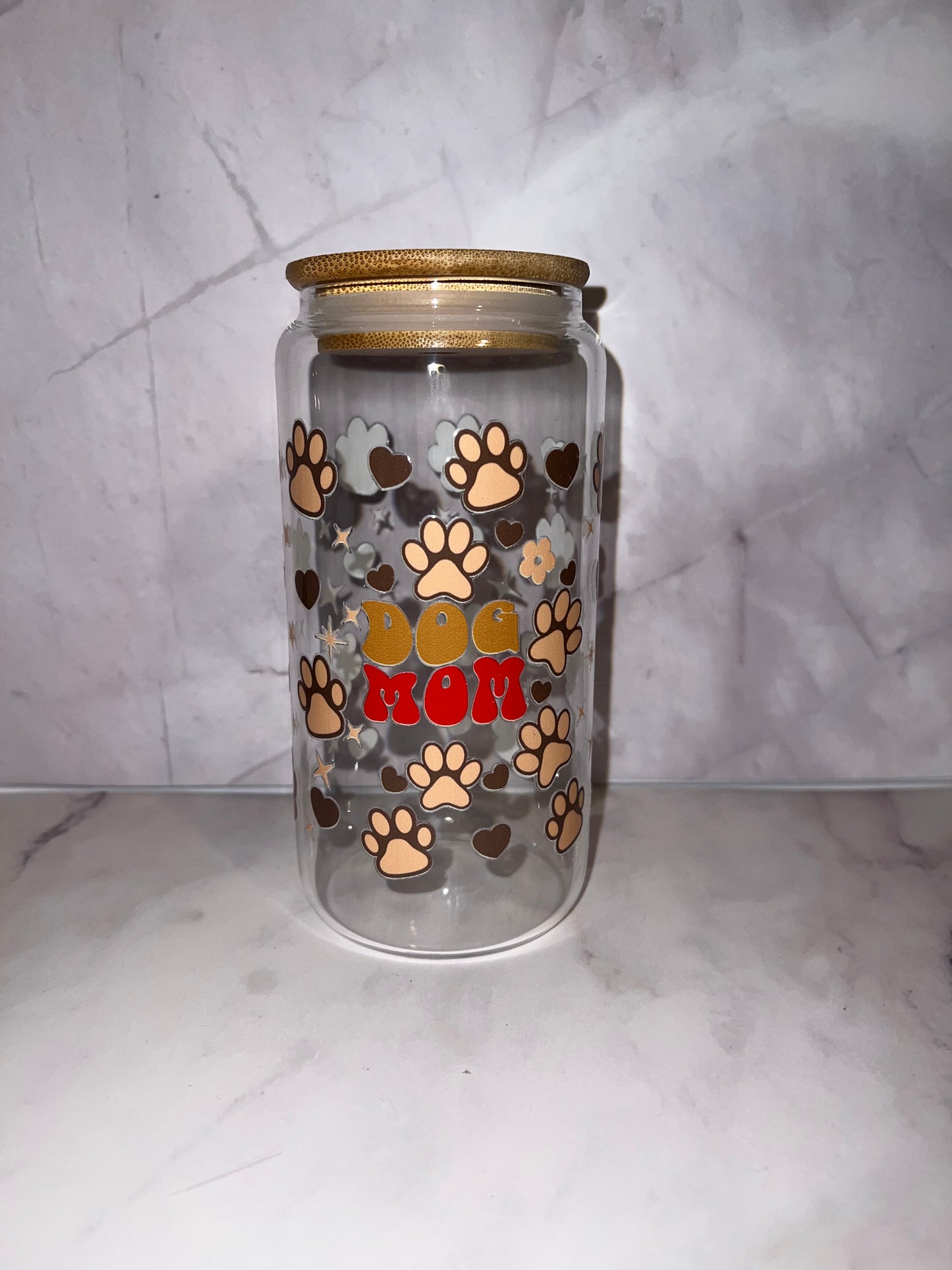 🐾 Dog Mom 16oz Glass Tumbler | Cute Paw Print Iced Coffee Cup with Bamboo Lid