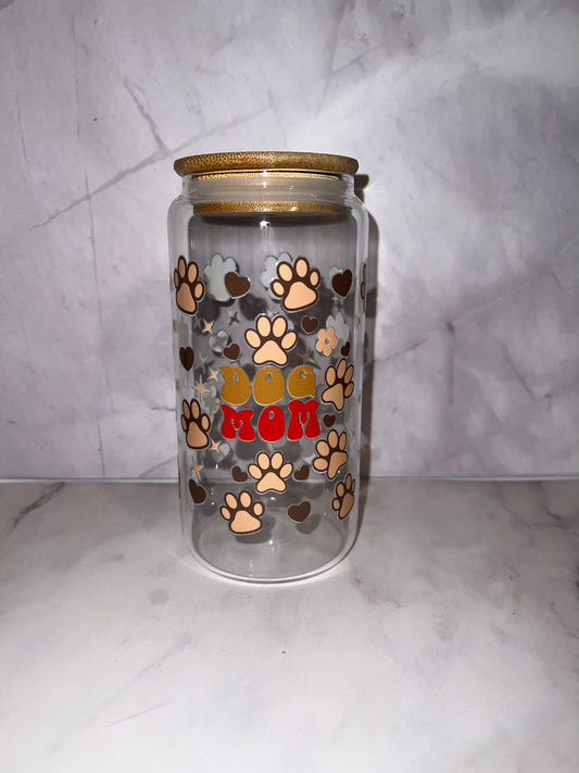 🐾 Dog Mom 16oz Glass Tumbler | Cute Paw Print Iced Coffee Cup with Bamboo Lid