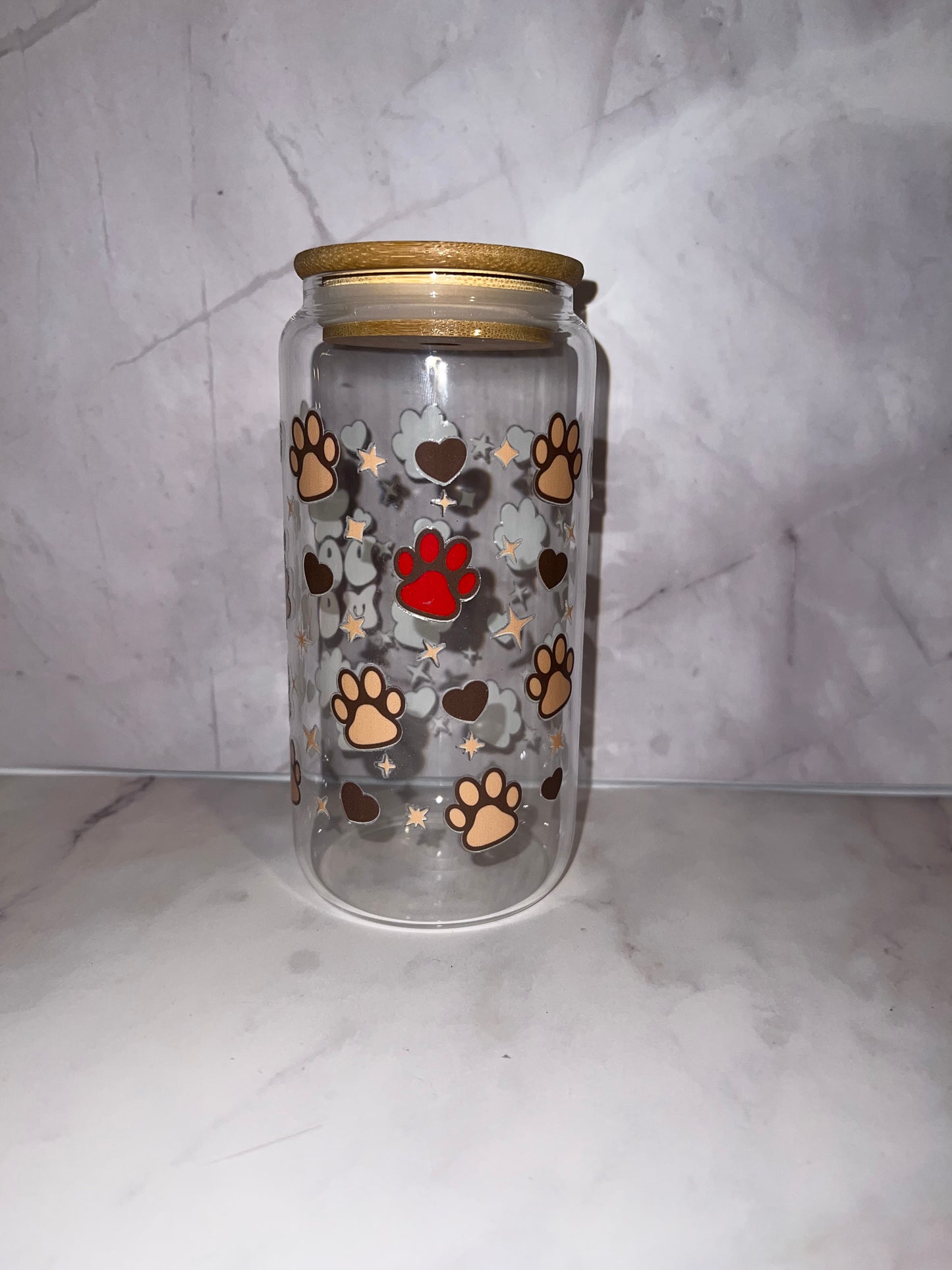 🐾 Dog Mom 16oz Glass Tumbler | Cute Paw Print Iced Coffee Cup with Bamboo Lid
